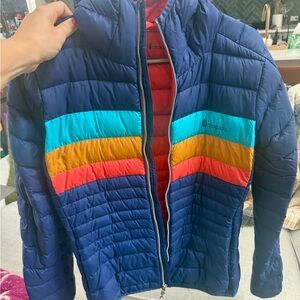 cotopaxi blue Puffer Jacket with bright stripes